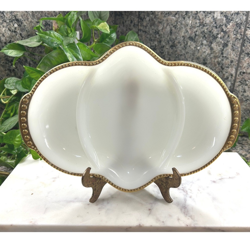 Vintage Fire-King Milk Glass Relish Dish Gold Beaded Trim 3 Part Divided Tray